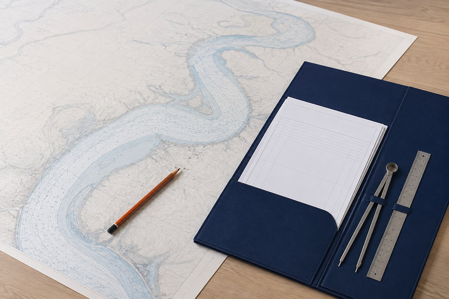 Mesa organizada com documentação, carta fluvial, instrumentos náuticos e vista para um rio
